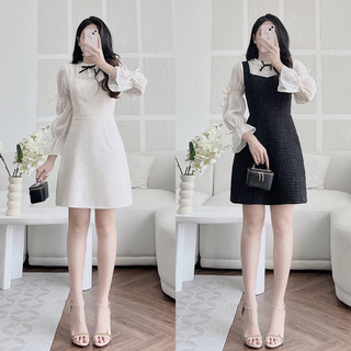 Đầm tiểu thư dạ tweed tay dài phối voan Vintage thiết kế cao cấp
