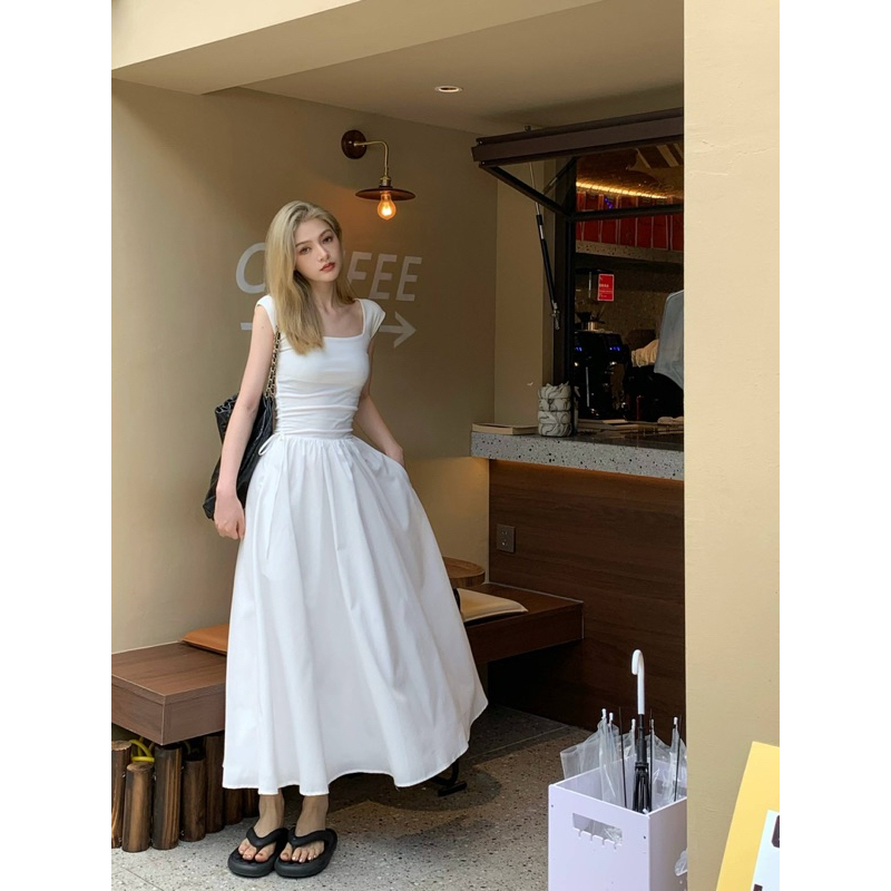 Váy cotton phối thô mịn trắng buộc eo
