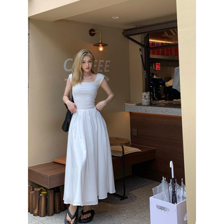 Váy cotton phối thô mịn trắng buộc eo