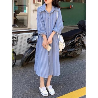 (ORDER) Váy sơ mi kẻ sọc xanh dương cài dọc khuy dáng dài style đơn giản Hàn Quốc