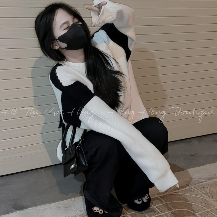 Áo Len Phối Vai Tay Đen Unisex CAROLL Nam Nữ  - SWT form thụng phối 2 màu basic mix gì cũng Xinh