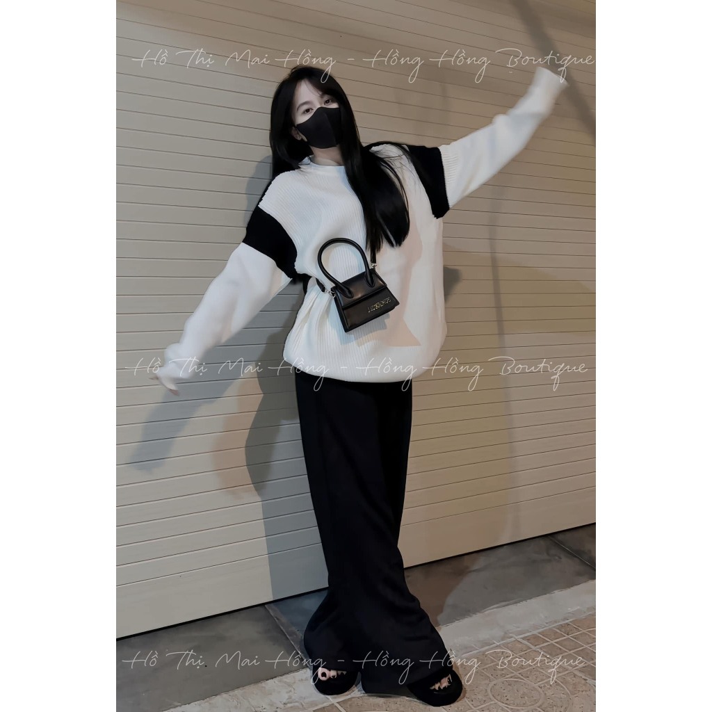 Áo Len Phối Vai Tay Đen Unisex CAROLL Nam Nữ  - SWT form thụng phối 2 màu basic mix gì cũng Xinh