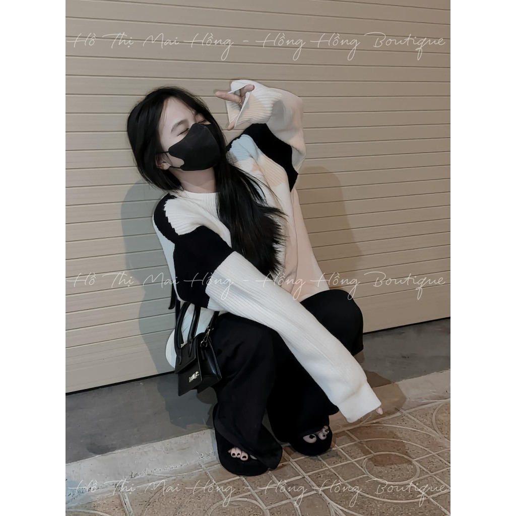 Áo Len Phối Vai Tay Đen Unisex CAROLL Nam Nữ  - SWT form thụng phối 2 màu basic mix gì cũng Xinh