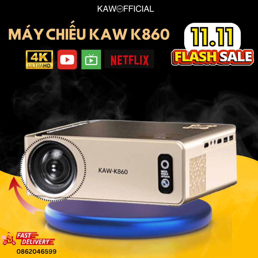 Máy chiếu mini KAW K860 sử dụng trong gia đình, hình ảnh sắc nét, hệ điều hành android có sẵn loa