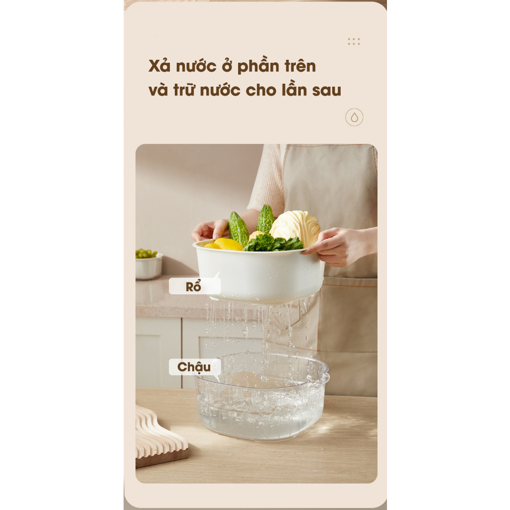 Rổ nhựa đựng đồ 6 món kèm thau rửa, chất liệu nhựa PP thoát nước nhanh chóng giúp rau củ khô nhanh, mẫu mới 2023
