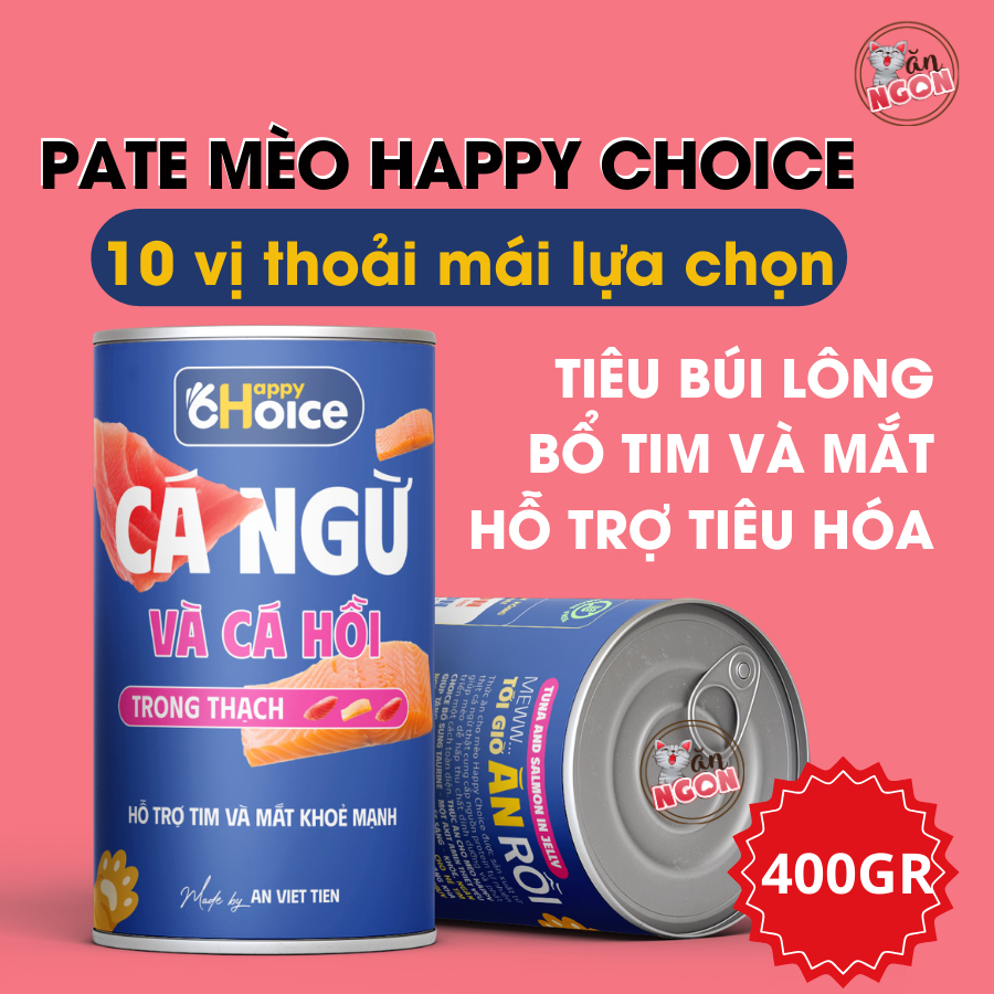 Pate cho mèo Happy Choice lon 400gr hỗ trợ tiêu hóa - hỗ trợ loại bỏ búi lông - hỗ trợ bảo vệ tim và mắt