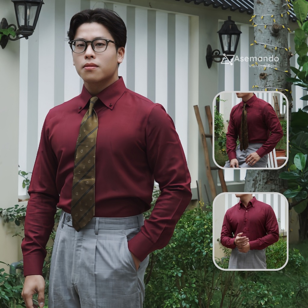 Buttondown Sơ mi đỏ Linen Cotton cổ buttondown Asemando Sơ mi nam dài tay Sartorial