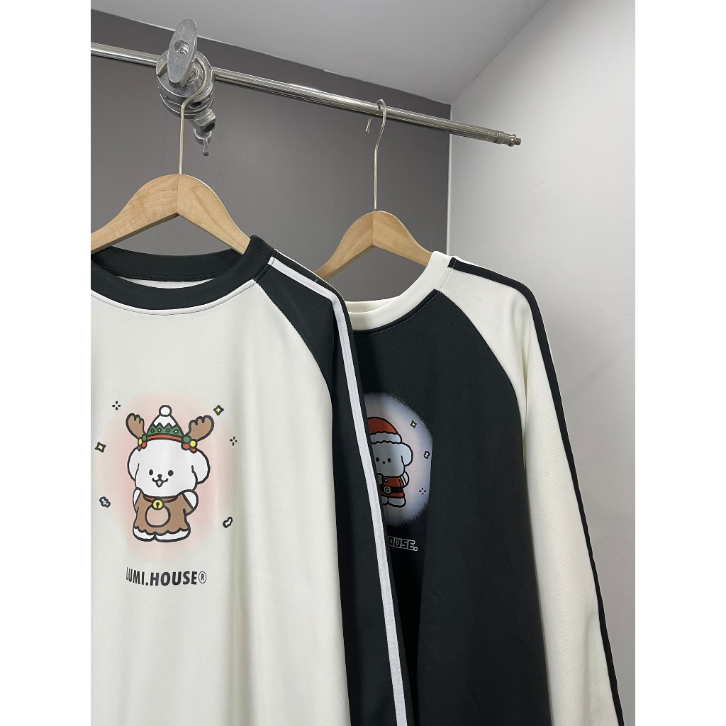 ÁO SWEATER TRẮNG PHỐI TAY SỌC IN HÌNH GẤU NGƯỜI TUYẾT E91 LUMIHOUSE