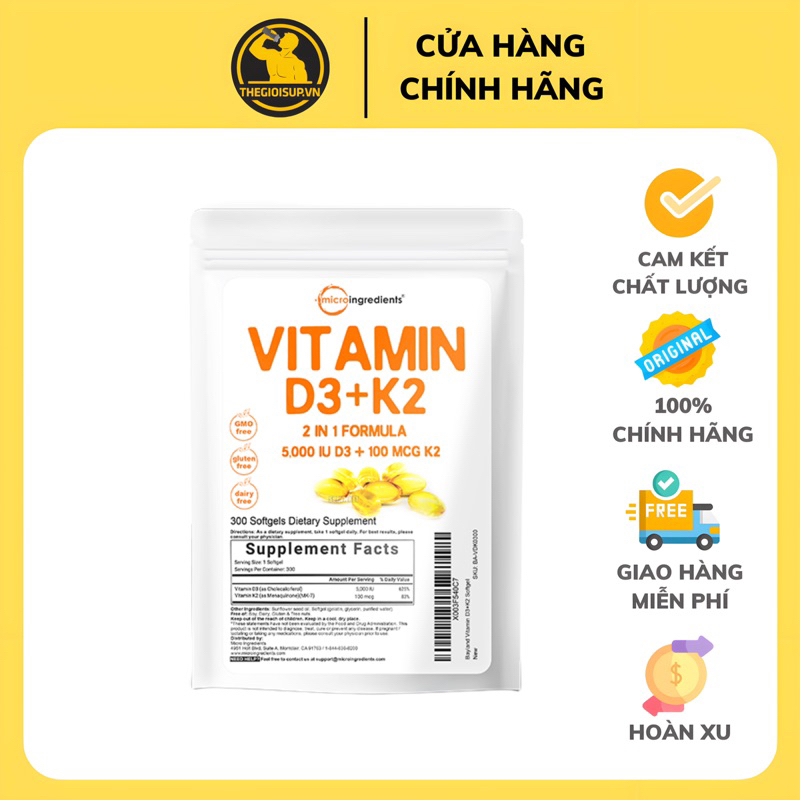 Vitamin D3 K2 Micro Ingredients D3K2 300 viên chính hãng tăng cường sức khoẻ xương khớp