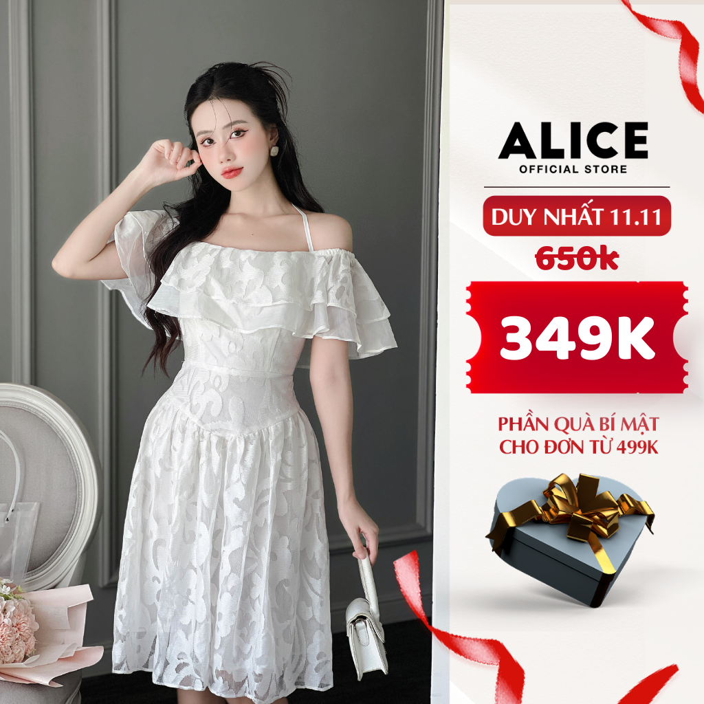 Váy Tiểu Thư Trễ Vai Ren Nhũ Phối Tơ Óng Lót Lụa Alice Dáng Xoè Che Khuyết Điểm, Chất Ren Mềm Mát V947