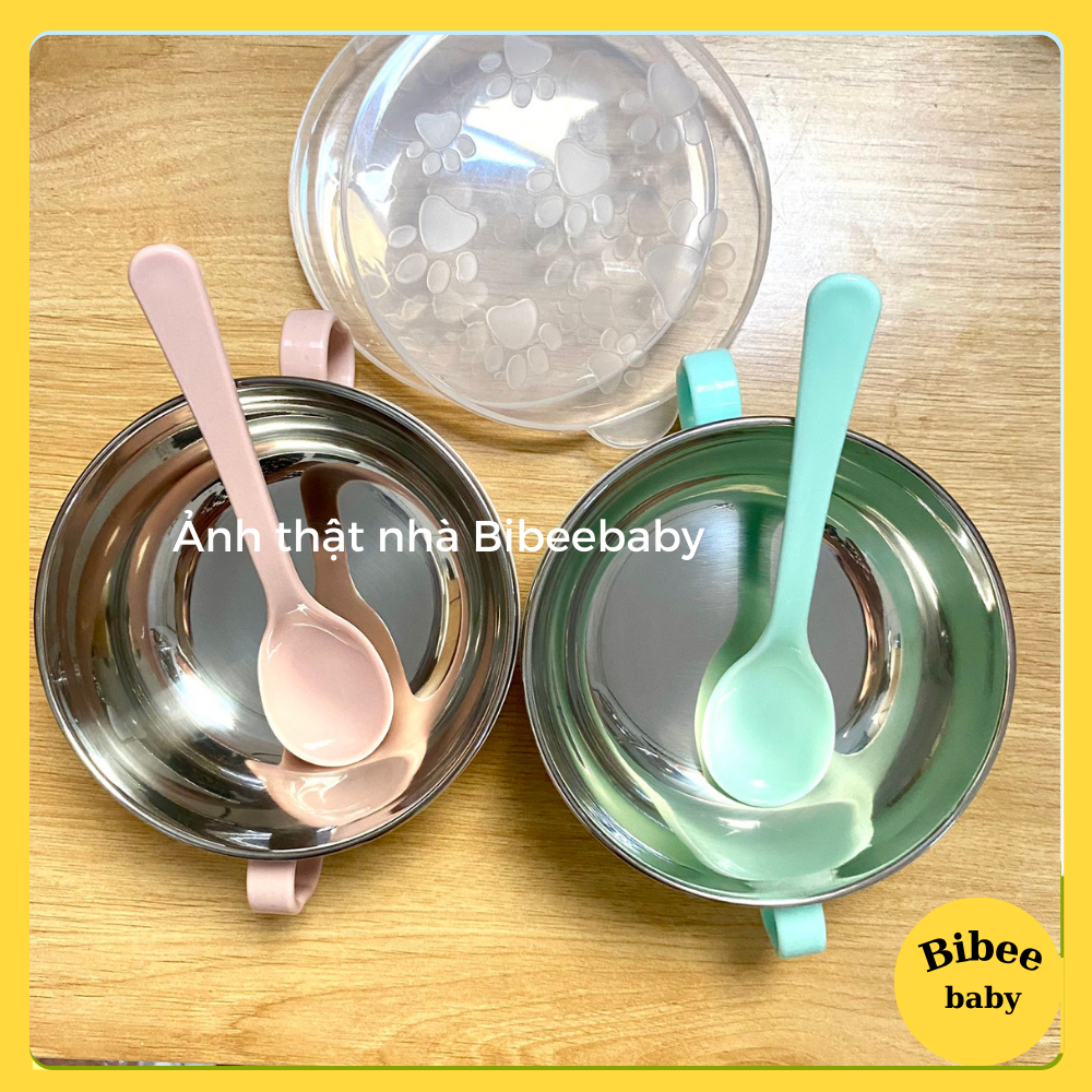 Bát ăn dặm inox  giữ nhiệt chống nóng 2 lớp  kèm nắp đậy, thìa cho bé - Bibeebaby