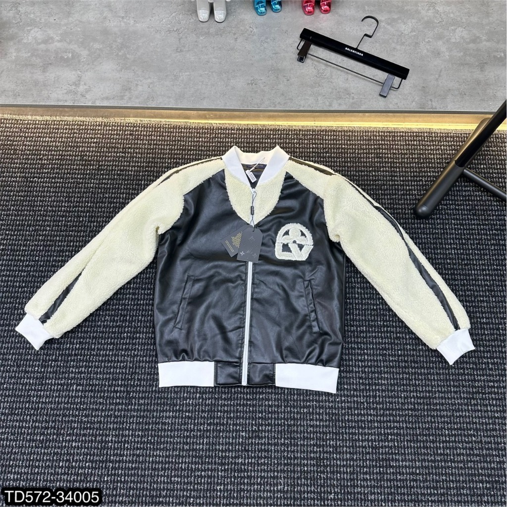 Áo khoác L.V nam thời trang phối tay da trắng siêu đẹp-Áo khoác bomber logo lông vũ cực chất