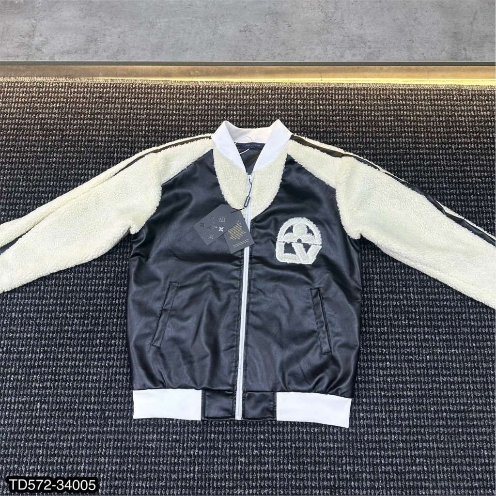 Áo khoác L.V nam thời trang phối tay da trắng siêu đẹp-Áo khoác bomber logo lông vũ cực chất