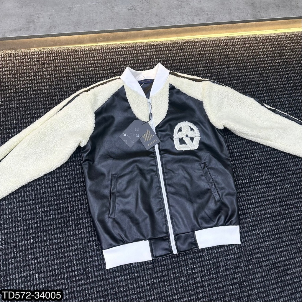 Áo khoác L.V nam thời trang phối tay da trắng siêu đẹp-Áo khoác bomber logo lông vũ cực chất