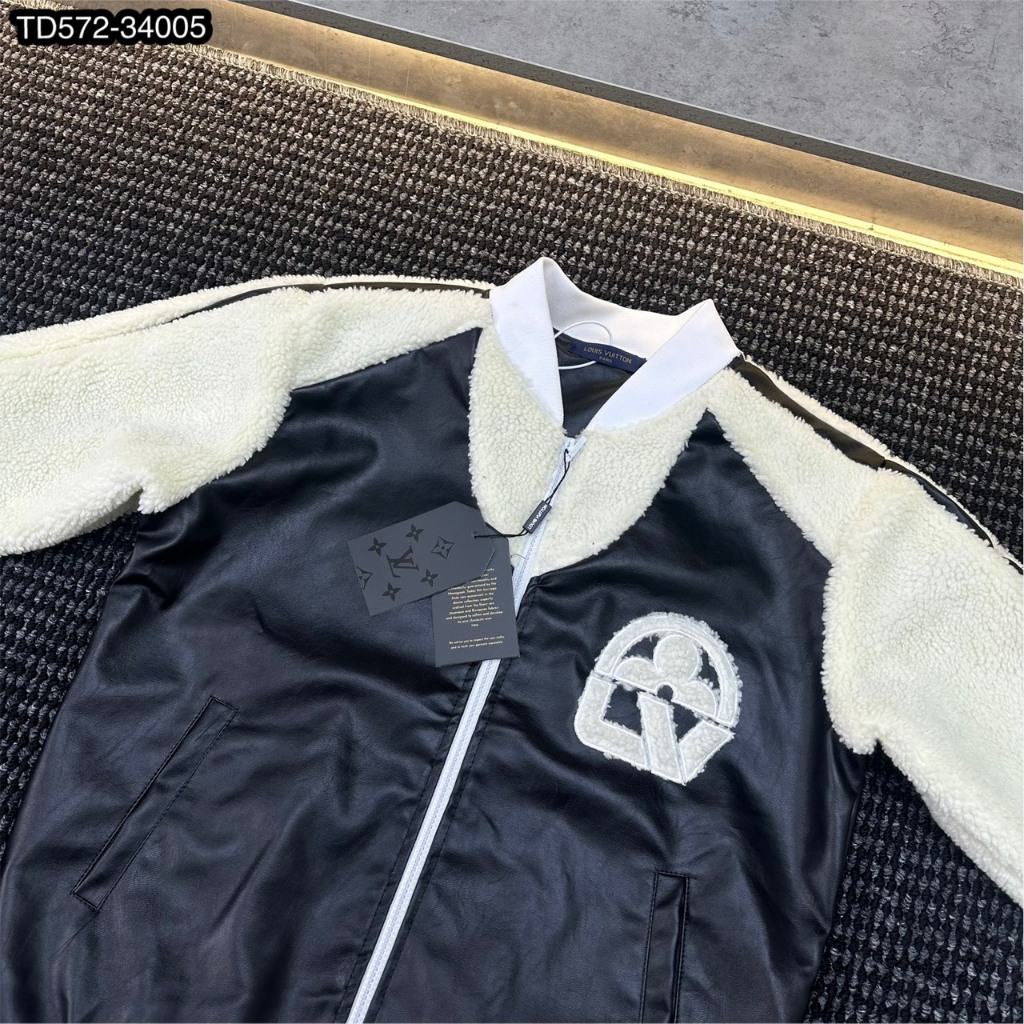 Áo khoác L.V nam thời trang phối tay da trắng siêu đẹp-Áo khoác bomber logo lông vũ cực chất