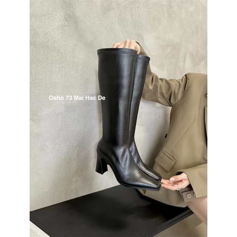Boots dài mũi vuông OSHO, chất da lì cao cấp, êm chân