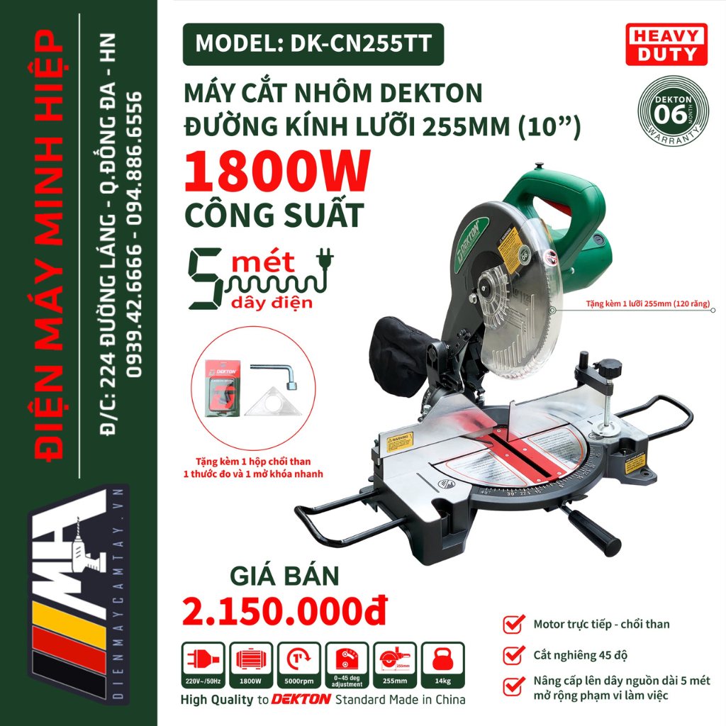 Máy Cắt Nhôm Dekton DK-CN255TT - Công Suất 1800W - Có Cắt Nghiêng