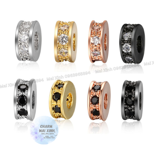 Hạt Đệm Tròn Đính Đá Đen & Trắng - Size 7,5mm - Charm Phụ Kiện Đồng Xâu, Phối Vòng Tay, Chuỗi Hạt Phong Thủy May Mắn