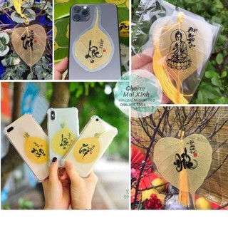 Lá bồ đề in chữ thư pháp - màu vàng - hàng loại đẹp - phụ kiện, quà tặng phong thuỷ may mắn - bình an - tài lộc