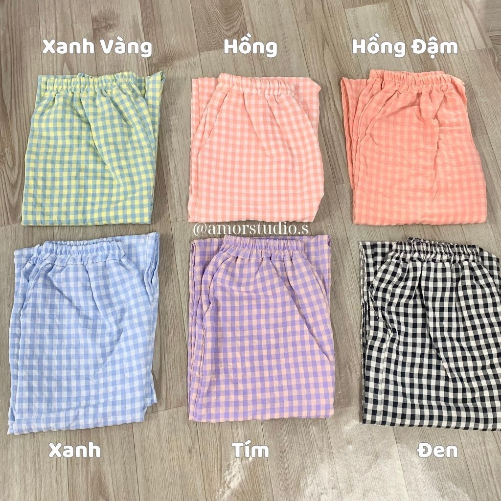 Quần ngủ vải thô mềm AMOR STUDIO kẻ ô màu pastel cute freesize tới 68kg