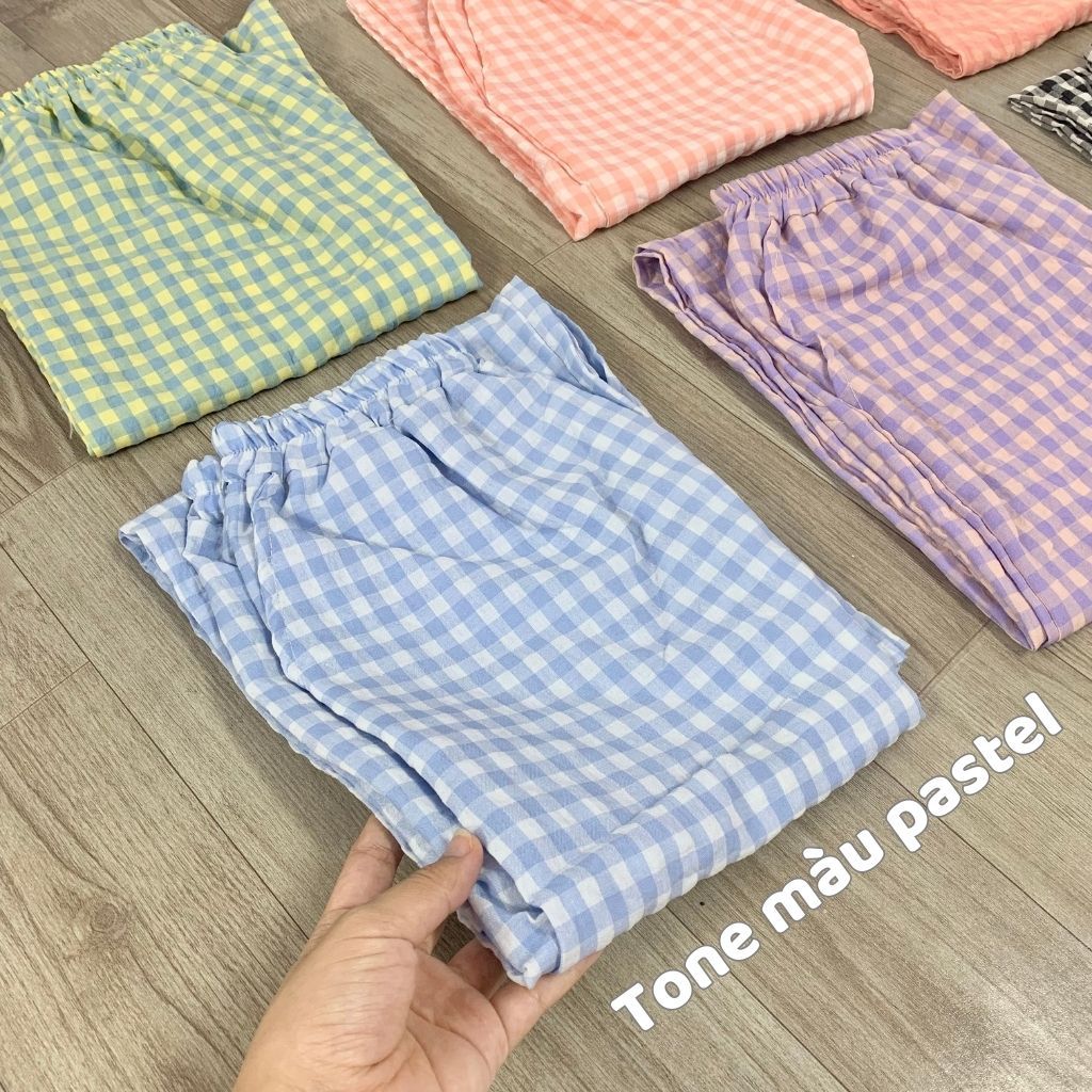 Quần ngủ vải thô mềm AMOR STUDIO kẻ ô màu pastel cute freesize tới 68kg