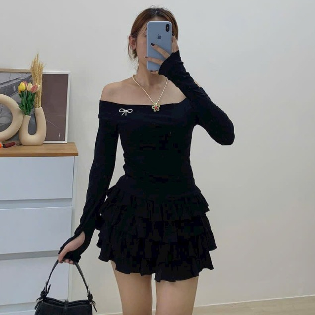 Chân váy thun tầng SANJOLI Dáng Xòe Phong Cách Dễ Thương Xinh Xắn Thiết Kế Vintage CV3