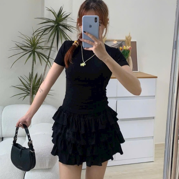 Chân váy thun tầng SANJOLI Dáng Xòe Phong Cách Dễ Thương Xinh Xắn Thiết Kế Vintage CV3