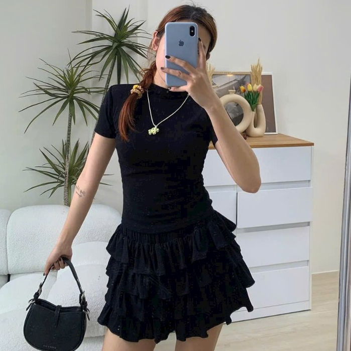 Chân váy thun tầng SANJOLI Dáng Xòe Phong Cách Dễ Thương Xinh Xắn Thiết Kế Vintage CV3
