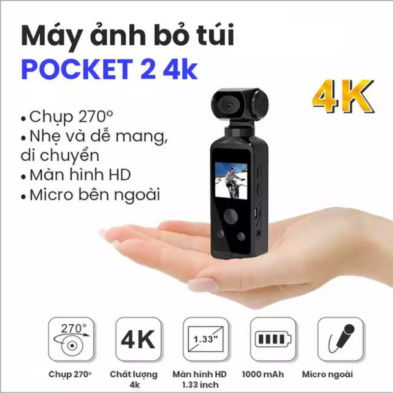 Camera Pocket 2 4K thể thao, quay phim 4k HD, camera mini máy quay phim cầm tay chống rung chất lượng cao