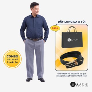 Combo áo sơ mi nam sợi tre trơn dài tay xanh than & quần âu vải tăm ghi nhạt trung niên ANCHI - COMBO07