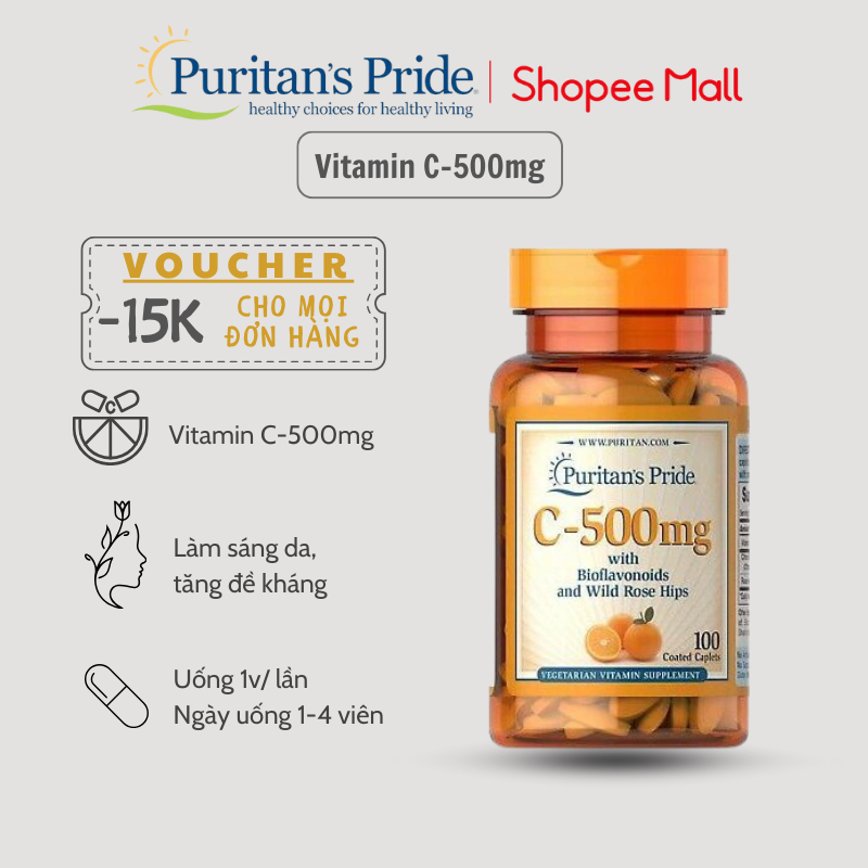 Tăng cường miễn dịch, chống oxy hóa, mờ thâm mụn C500mg with Bioflavonoids & Rose Hips Puritan's Pride 100 viên