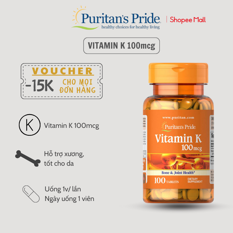 Viên uống bồi bổ xương khớp, ngăn ngừa sỏi thận Puritan’s Pride vitamin K 100mcg 100 viên của Mỹ