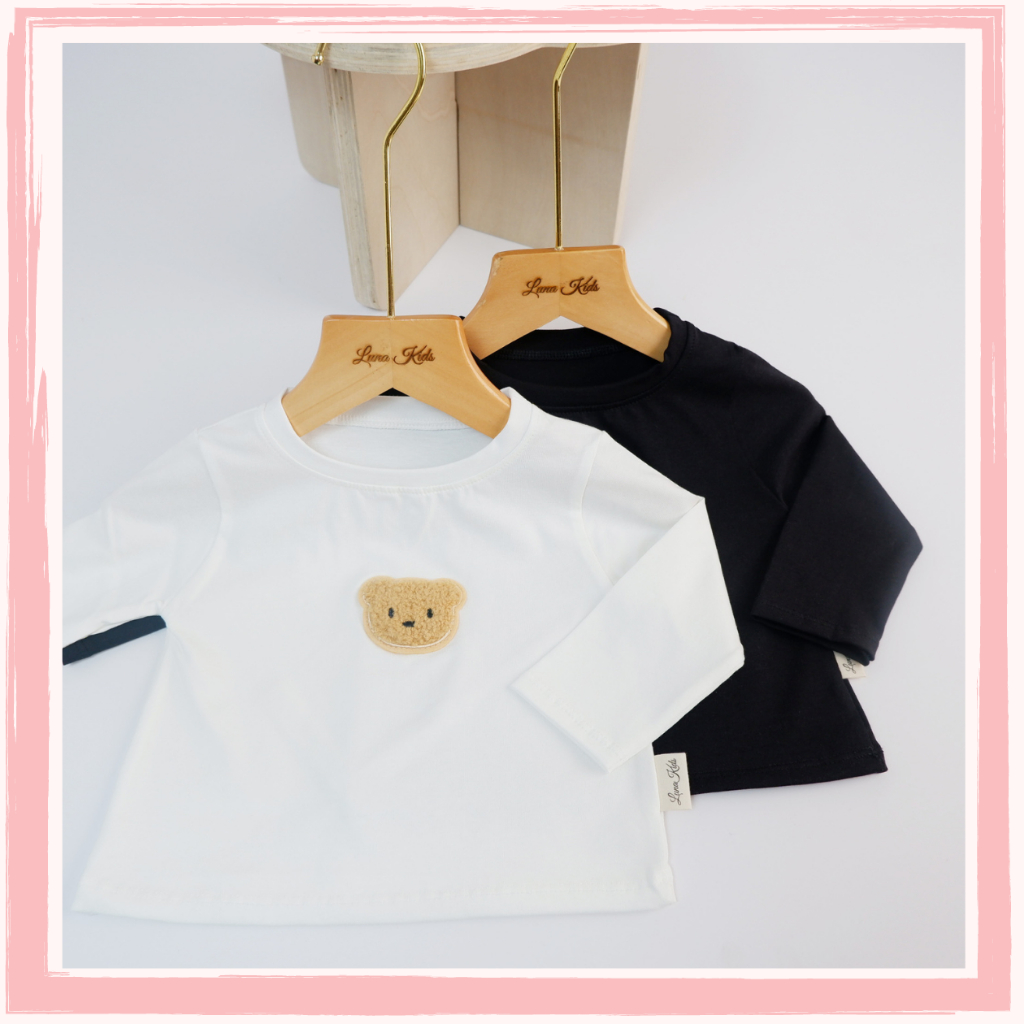 Áo phông cotton dài tay đính gấu thêu cho bé trai, bé gái - LunaKids [Ảnh thật]