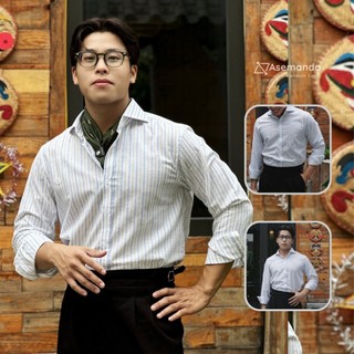 Cutaway Sơ mi nam kẻ xanh cam Linen Premium Áo sơ mi nam dài tay Asemando Sartorial