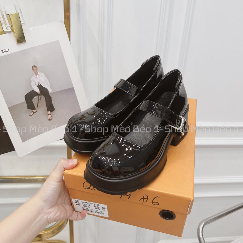Giày búp bê quai ngang da bóng khoá cài gót vuông basic fullbox hàng quảng châu cao cấp