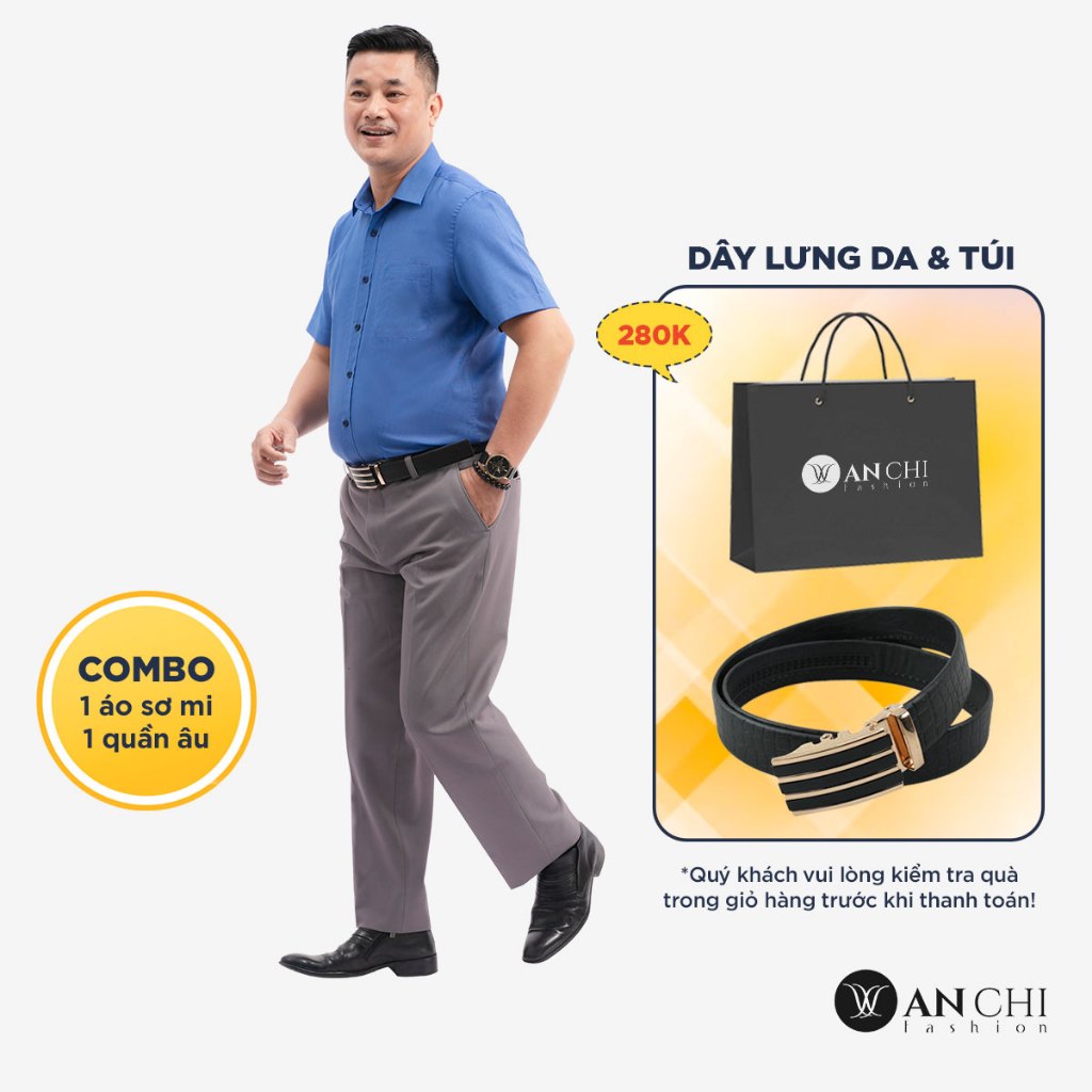 Combo áo sơ mi nam sợi tre trơn ngắn tay xanh biển & quần âu vải tăm ghi đậm trung niên ANCHI - COMBO10