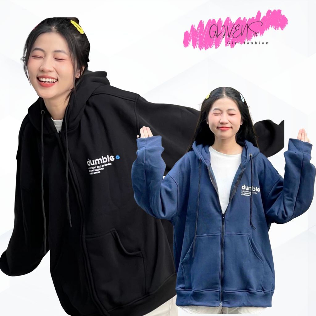 [100% ÁO KHOÁC NHƯ HÌNH] Áo khoác hoodie zip dây kéo nữ in DUMBLE form rộng mũ to 2 lớp dày dặn thời