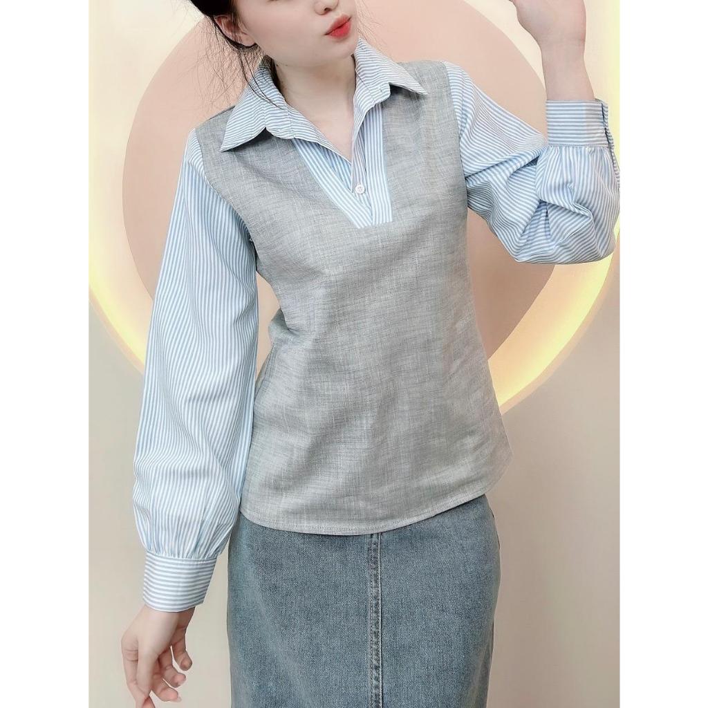 Áo sơ mi nữ hàn quốc sọc phối màu trẻ trung  màu thu xinh xắn LAMO-B1183