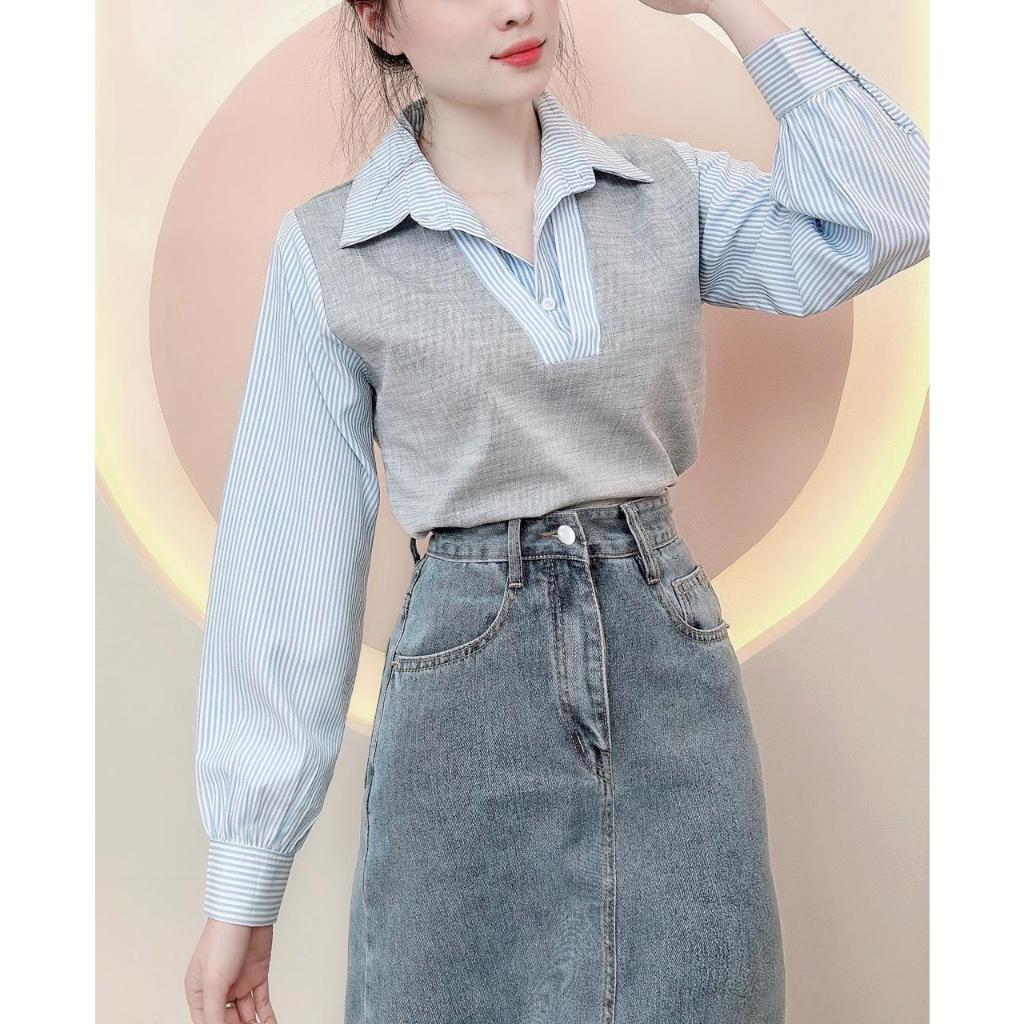 Áo sơ mi nữ hàn quốc sọc phối màu trẻ trung  màu thu xinh xắn LAMO-B1183