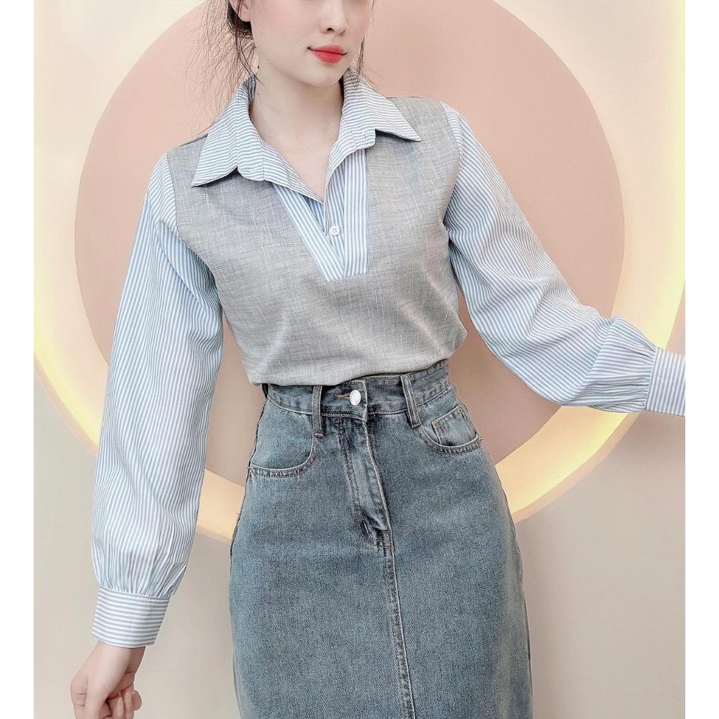 Áo sơ mi nữ hàn quốc sọc phối màu trẻ trung  màu thu xinh xắn LAMO-B1183