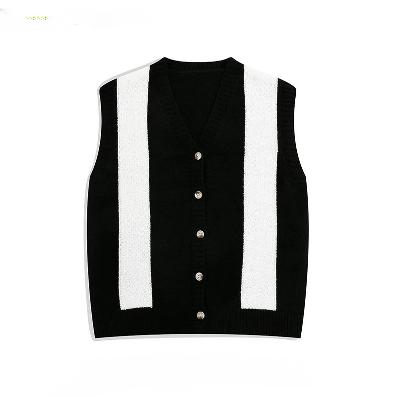 Áo gile len unisex,chất len mỏng có nút cài áo đen sọc trắng Cadi