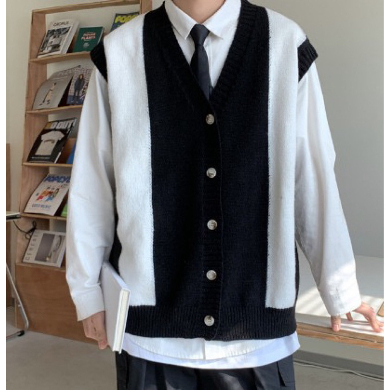 Áo gile len unisex,chất len mỏng có nút cài áo đen sọc trắng Cadi