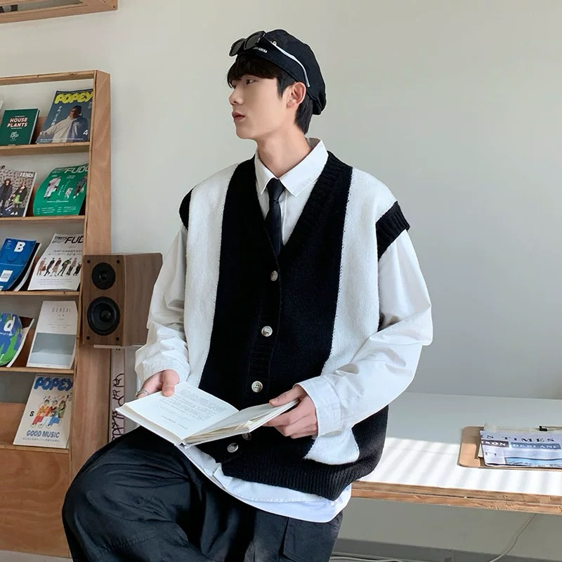 Áo gile len unisex,chất len mỏng có nút cài áo đen sọc trắng Cadi