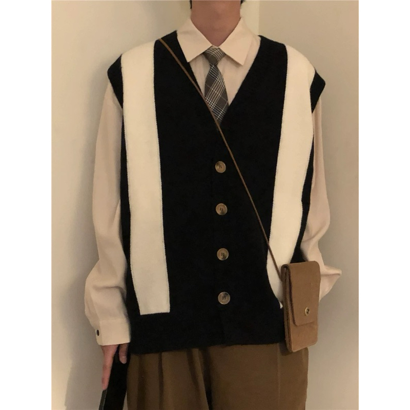 Áo gile len unisex,chất len mỏng có nút cài áo đen sọc trắng Cadi