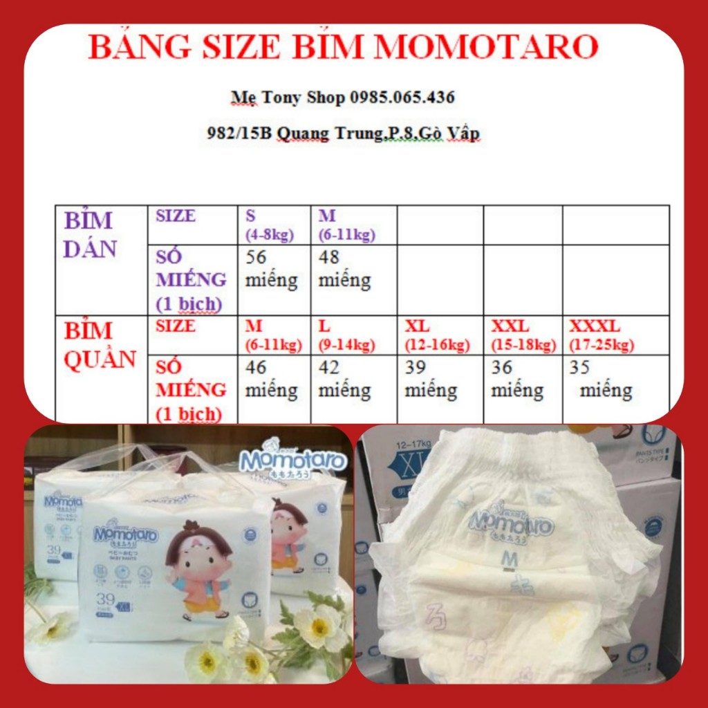 COMBO 2 BỊCHTã Bỉm Dán/Quần Xuất Nhật MOMOTARO/MOMO DIAMOND Đủ Size S112/M92/L84/XL78/XXL72/XXXL70