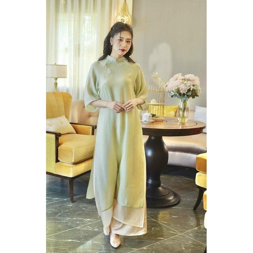 Áo dài cách tân nữ dáng xuông, chất tơ nhăn cao cấp cho nàng Chubby