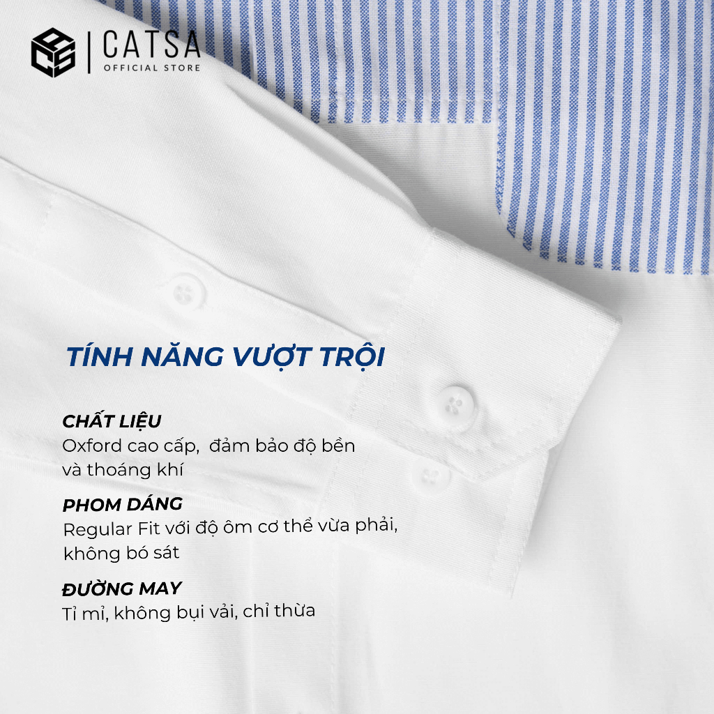 Áo sơ mi nam tay dài CATSA form Regular trắng phối sọc xanh chất liệu Oxford dày dặn ít nhăn ASC343