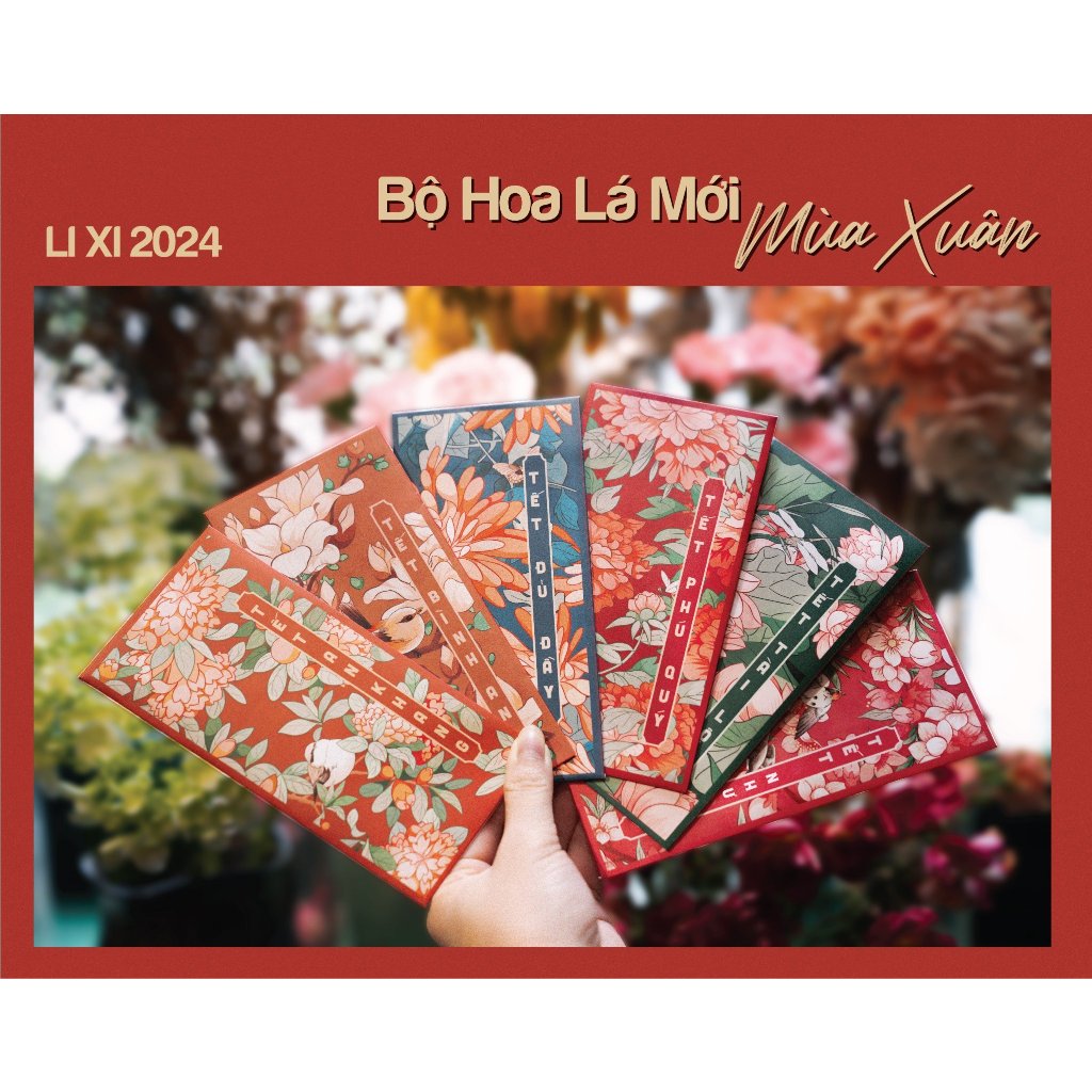 Sét 12 Bao Lì Xì Tết thiết kế đặc sắc - Hình Hoa Lá - Giấy C150 cán mờ in sắc nét