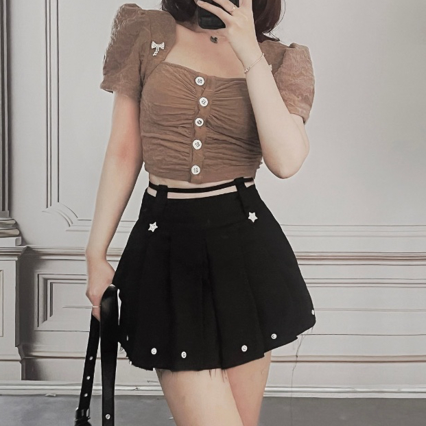 THE FANCE | Chân váy kaki cạp cao xếp ly thắt dây eo có quần đính ngôi sao đá Y2K tôn dáng CHILL NIGHT