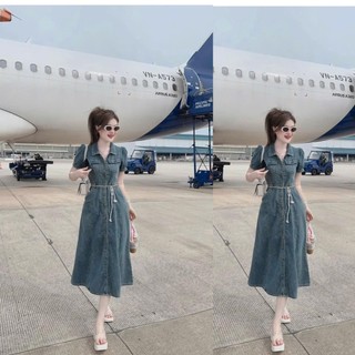Đầm hotnew  jeans cao cấp cổ sơ mi fom suông tay ngắn-váy maxi qua gối DX
